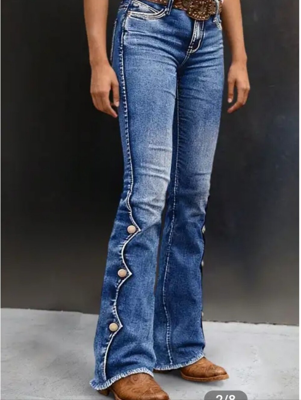 Flamingals Raw Hem Button Side Mid Waist Bootcut Jeans NWT Large - Picture 2 of 11